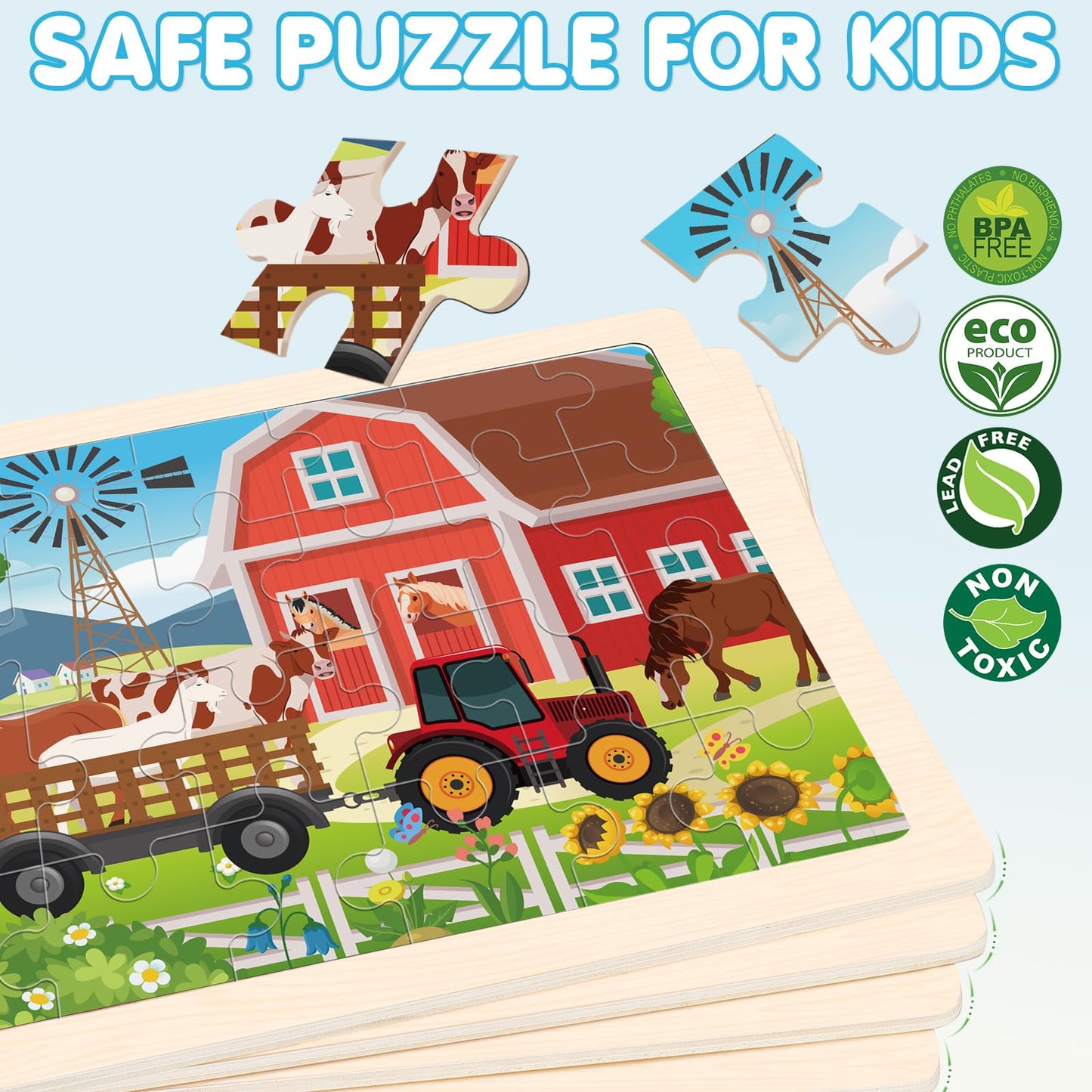 LACCHOUFEE Wooden Farm Puzzles – 4-Pack Montessori Jigsaw for Ages 3-5