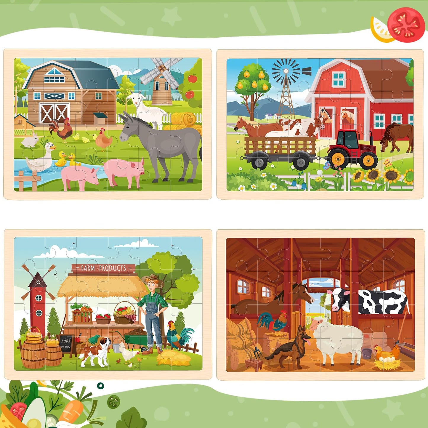LACCHOUFEE Wooden Farm Puzzles – 4-Pack Montessori Jigsaw for Ages 3-5