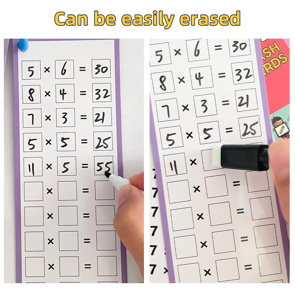 Lachilly Multiplication Flash Cards 0-12 with Dry Erase Pens | Self-Check Times Tables