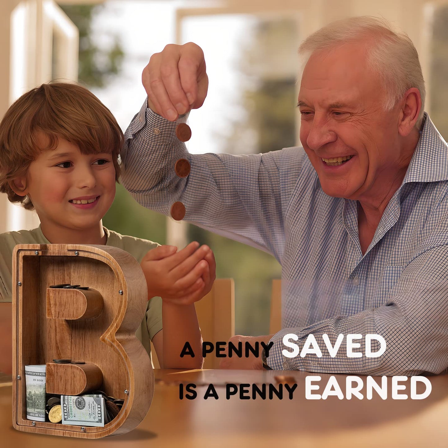 Ladenk Piggy Bank for Kids – Wooden Letter Bank with Initial B | Premium Montessori Gift