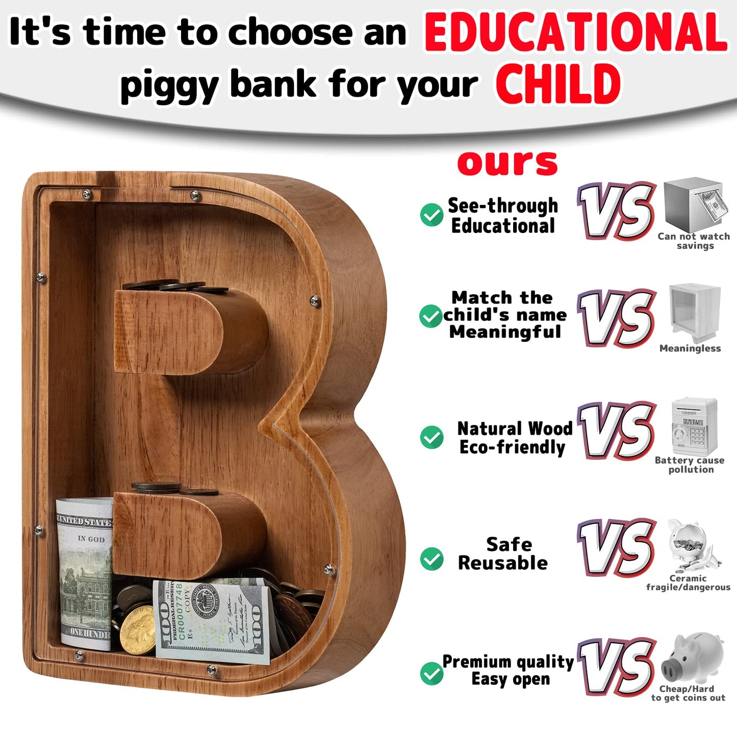 Ladenk Piggy Bank for Kids – Wooden Letter Bank with Initial B | Premium Montessori Gift