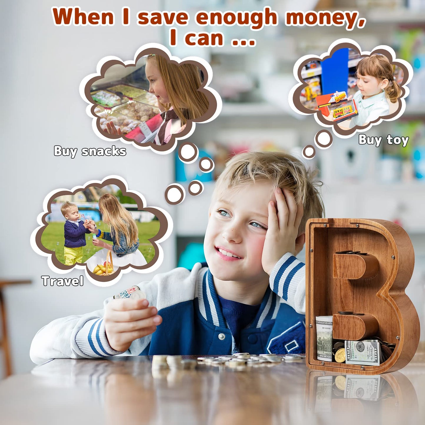 Ladenk Piggy Bank for Kids – Wooden Letter Bank with Initial B | Premium Montessori Gift