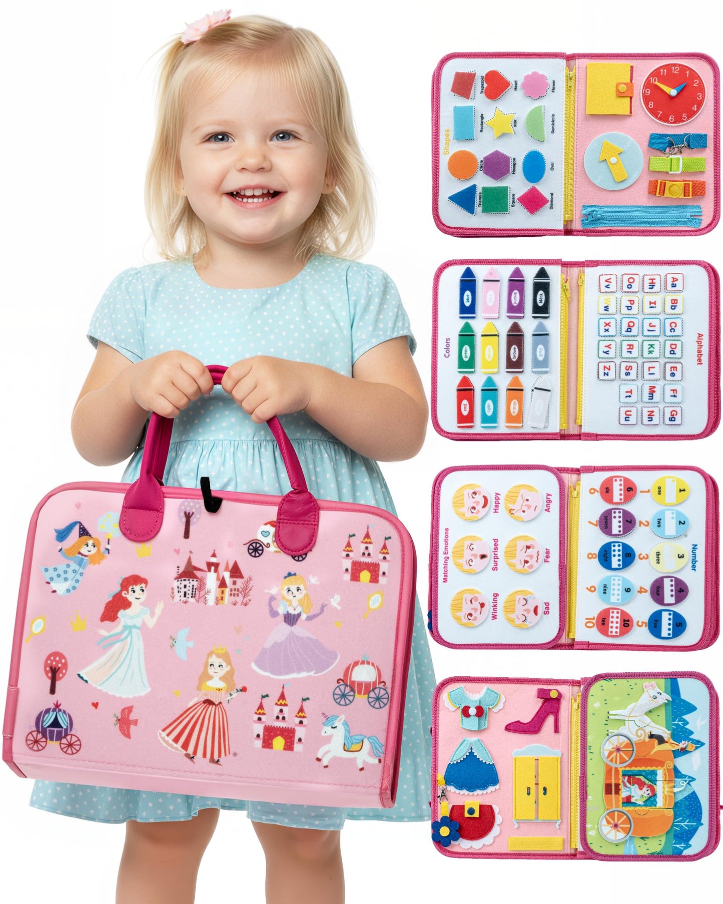 LADFAR Busy Board for Toddlers (Pink) – Montessori Sensory 8-Page Travel Toy (Ages 1-4)