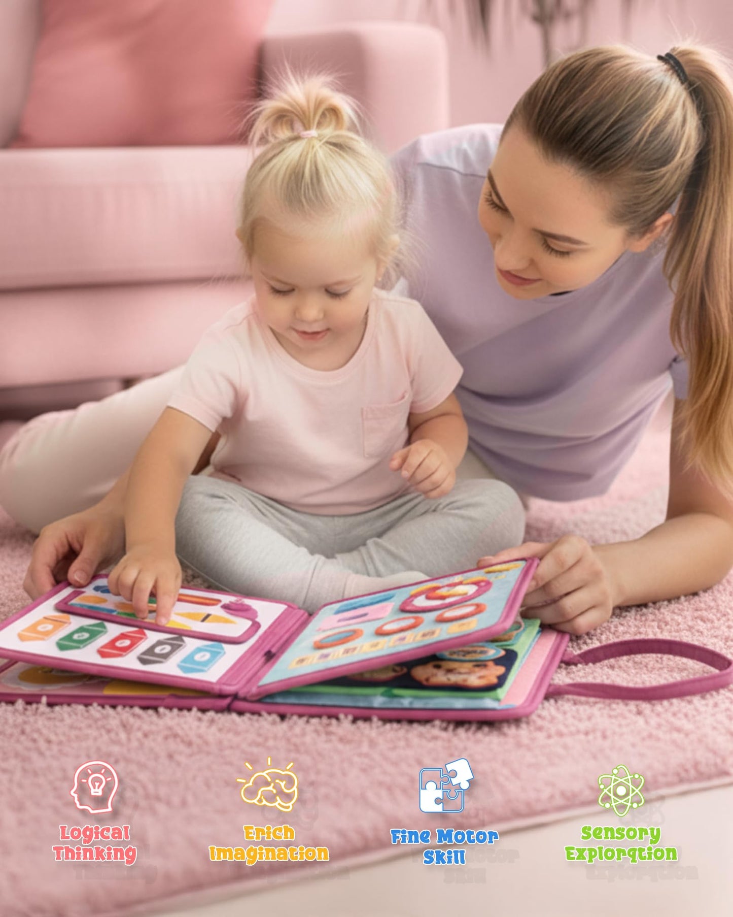 LADFAR Busy Board for Toddlers (Pink) – Montessori Sensory 8-Page Travel Toy (Ages 1-4)