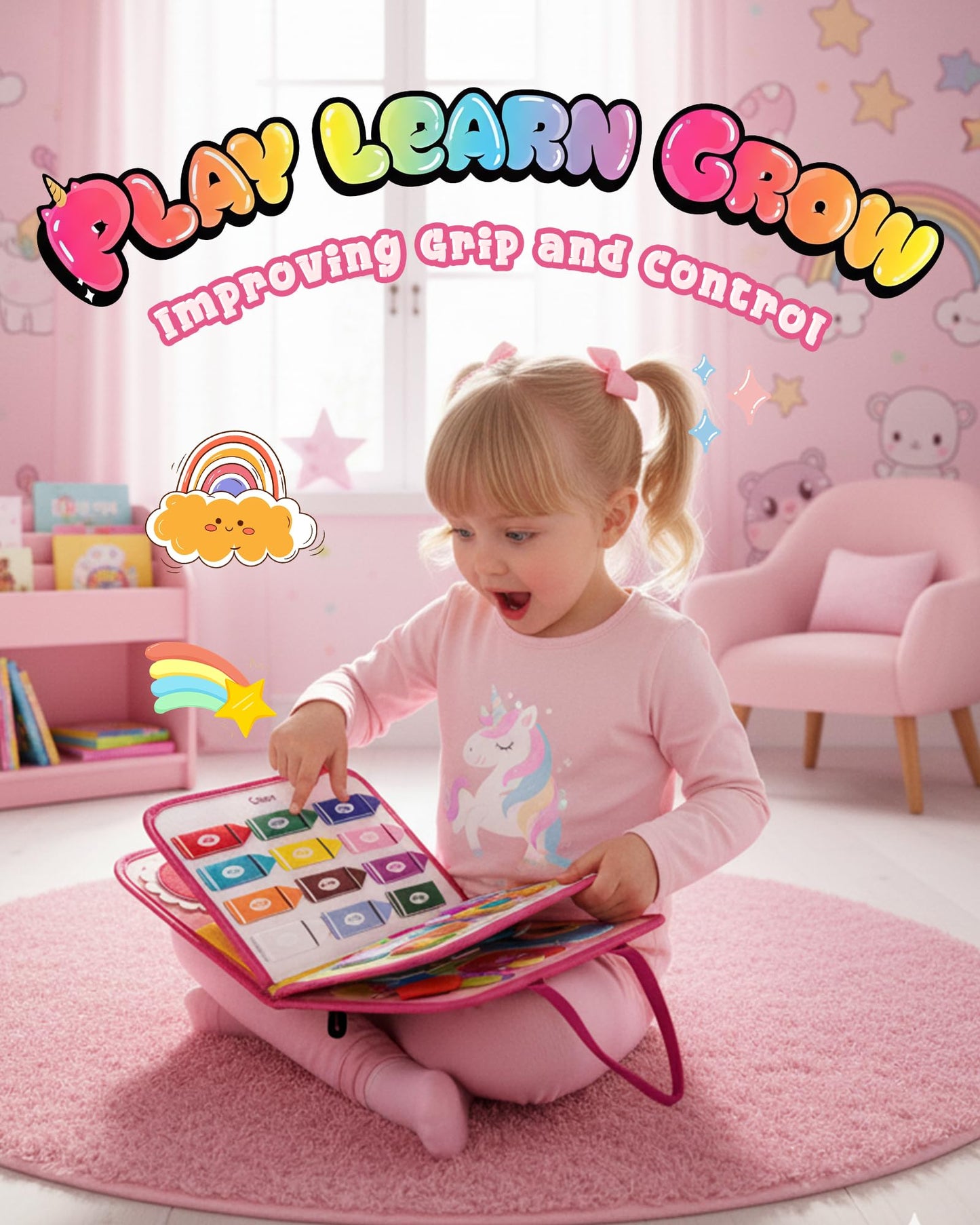 LADFAR Busy Board for Toddlers (Pink) – Montessori Sensory 8-Page Travel Toy (Ages 1-4)