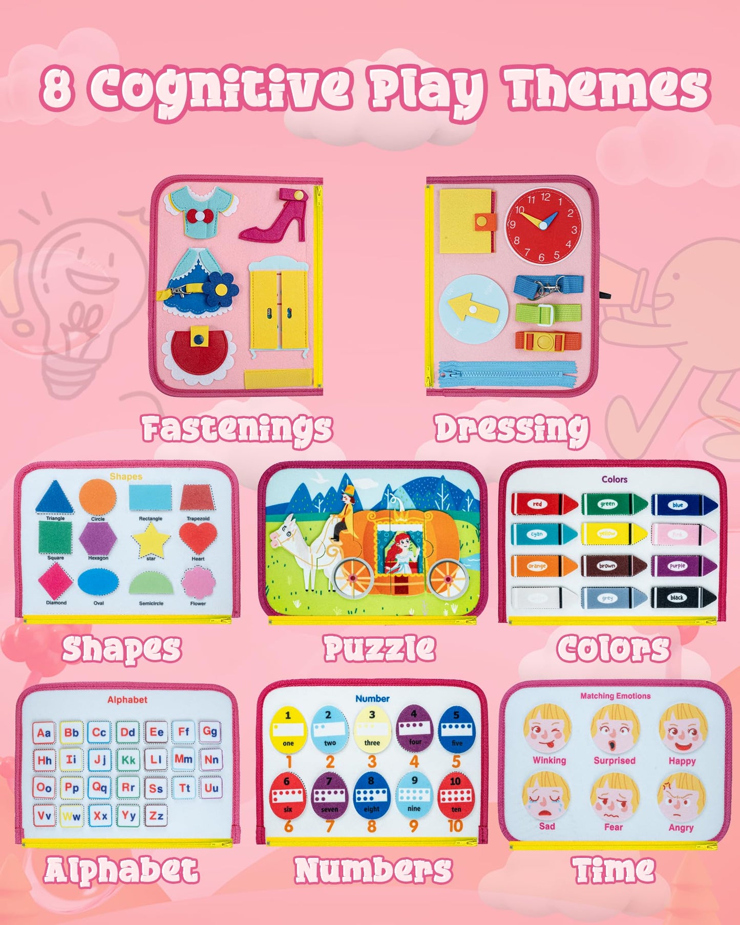 LADFAR Busy Board for Toddlers (Pink) – Montessori Sensory 8-Page Travel Toy (Ages 1-4)