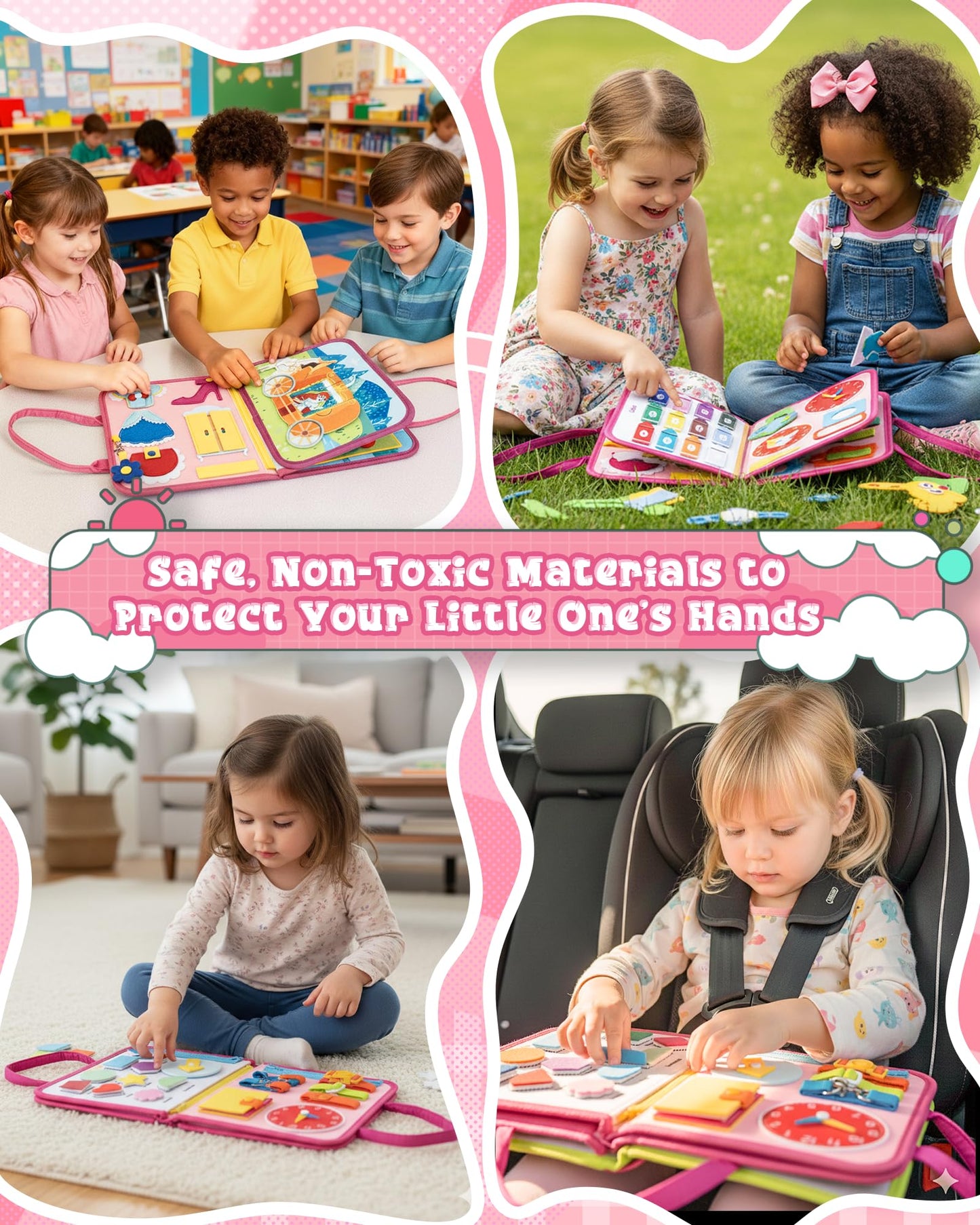 LADFAR Busy Board for Toddlers (Pink) – Montessori Sensory 8-Page Travel Toy (Ages 1-4)