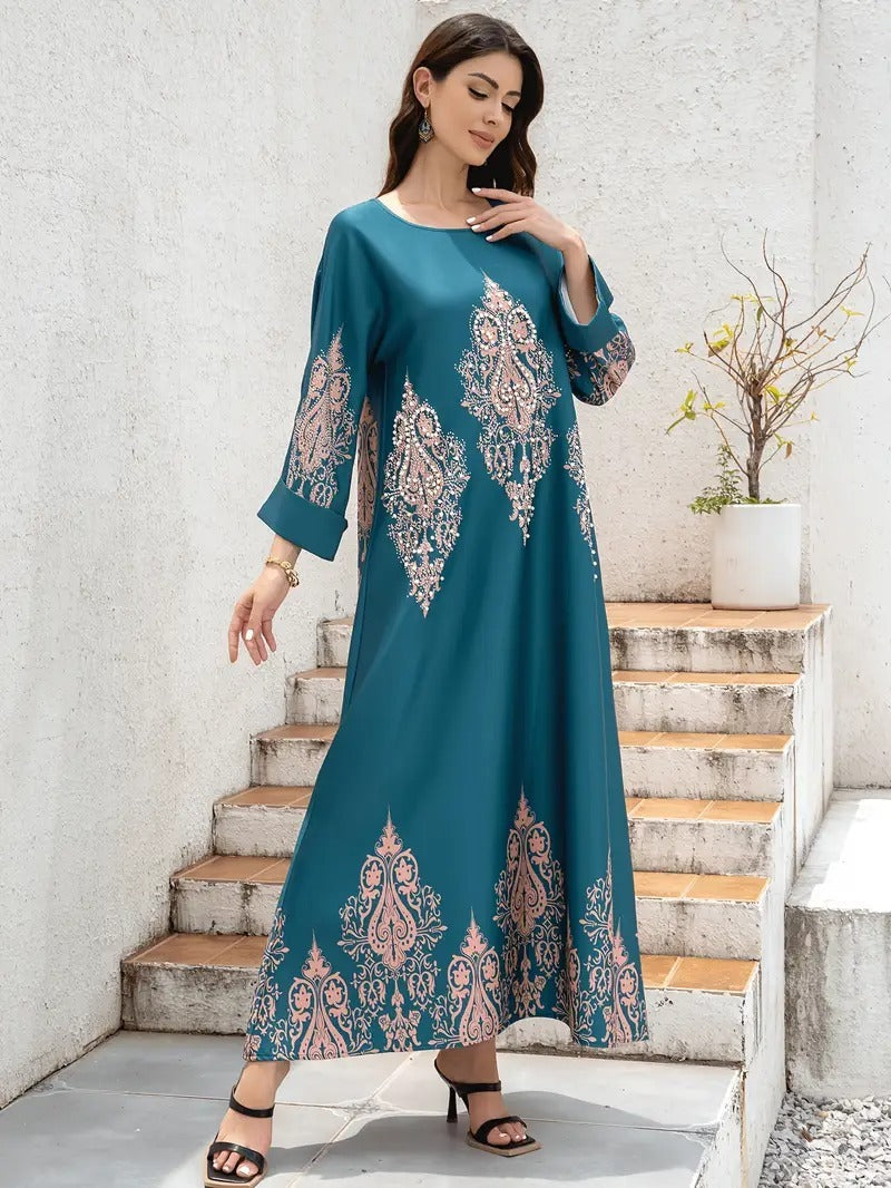 Ladies Middle East Abaya Dress, Flower Printed Long Robe, Islamic Clothing, Modest Dress