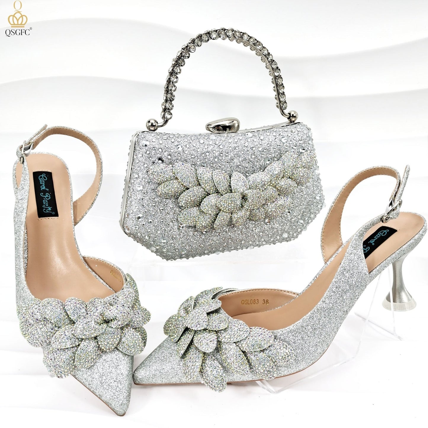 Ladies' Party Shoes & Bag Set, Handmade Leaf Decorative Wine Glass Heel
