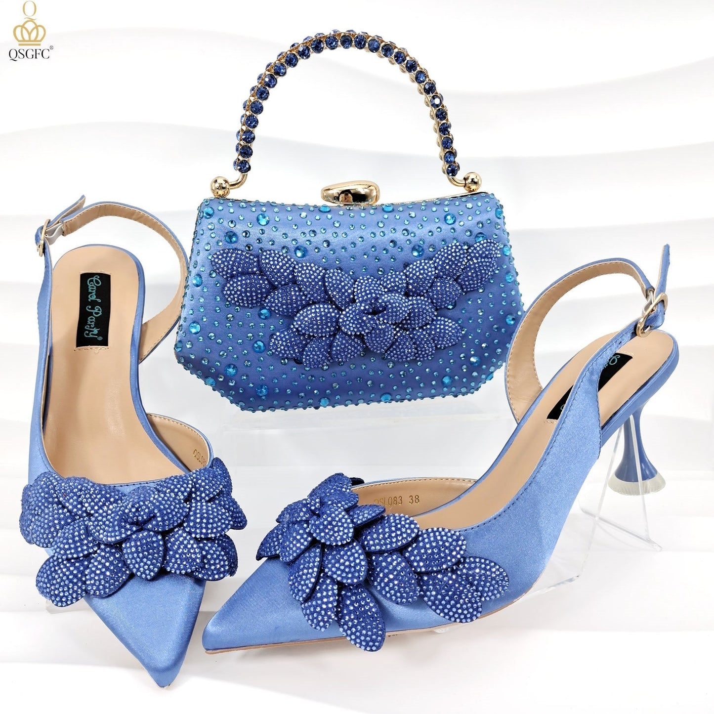 Ladies' Party Shoes & Bag Set, Handmade Leaf Decorative Wine Glass Heel