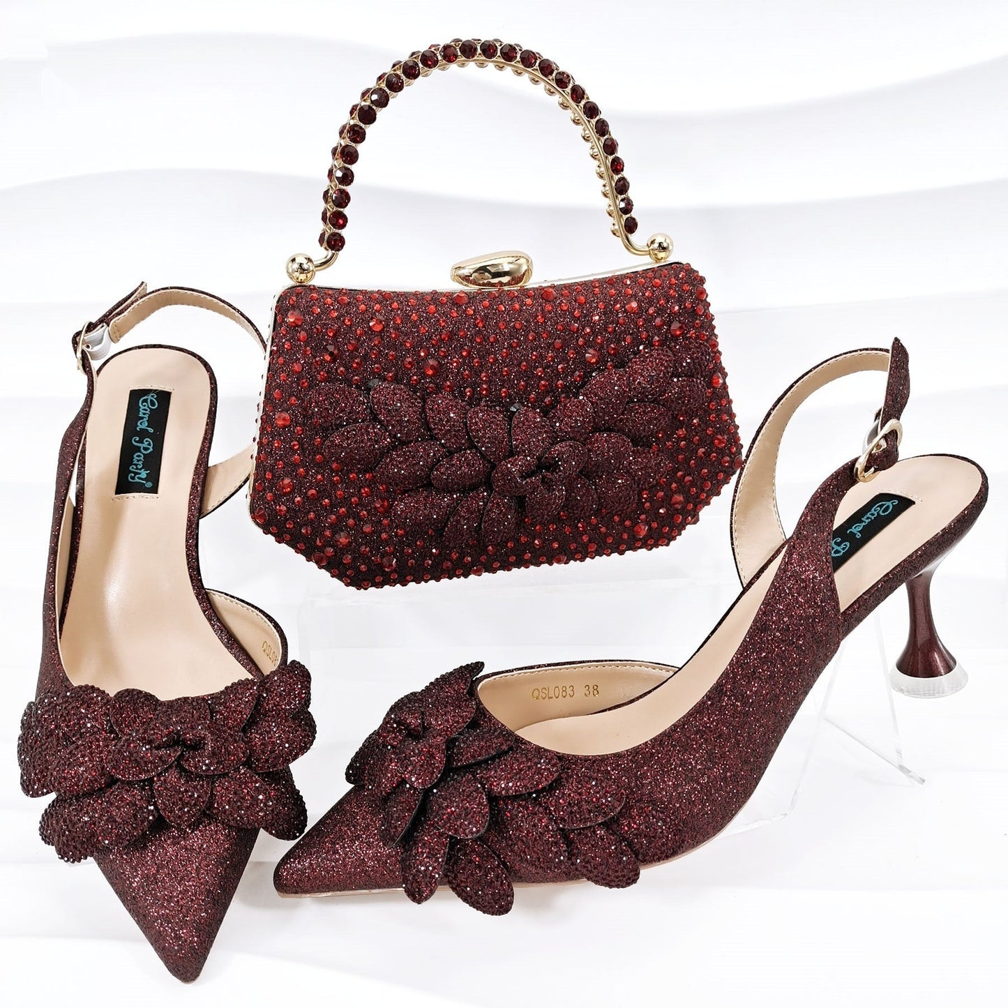 Ladies' Party Shoes & Bag Set, Handmade Leaf Decorative Wine Glass Heel
