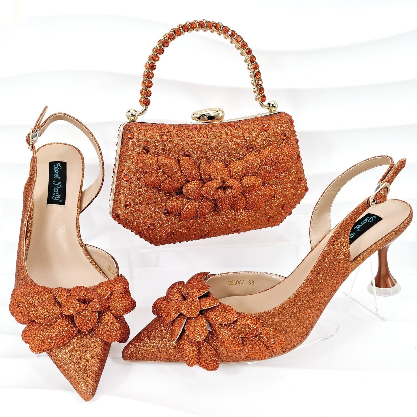 Ladies' Party Shoes & Bag Set, Handmade Leaf Decorative Wine Glass Heel