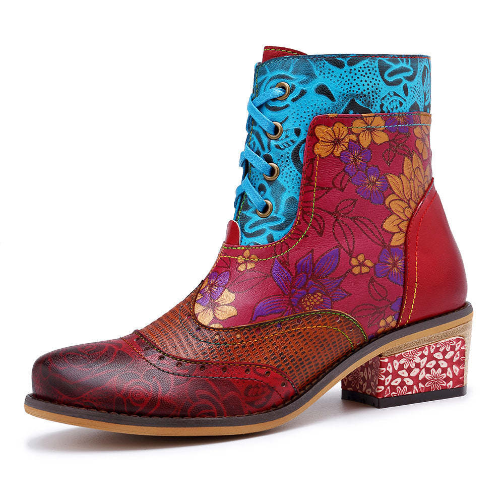 Hand-Painted Floral Leather Ankle Boots