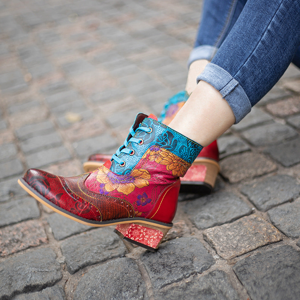 Hand-Painted Floral Leather Ankle Boots