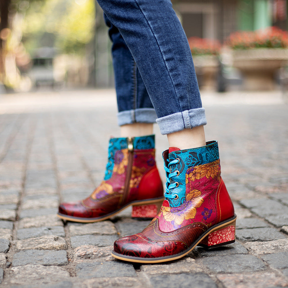 Hand-Painted Floral Leather Ankle Boots