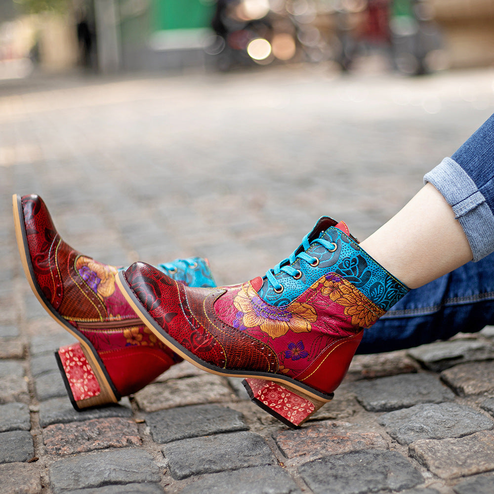 Hand-Painted Floral Leather Ankle Boots