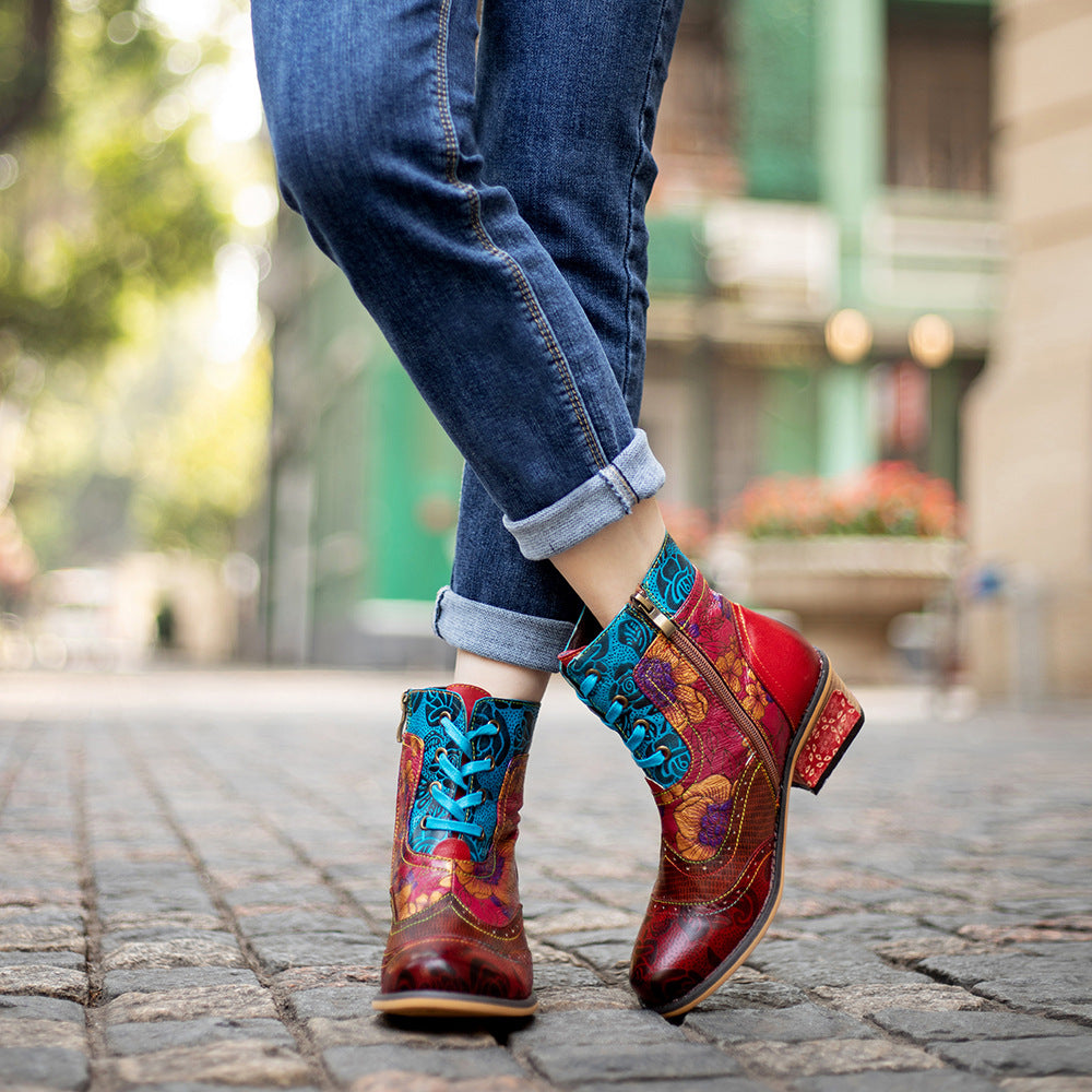 Hand-Painted Floral Leather Ankle Boots
