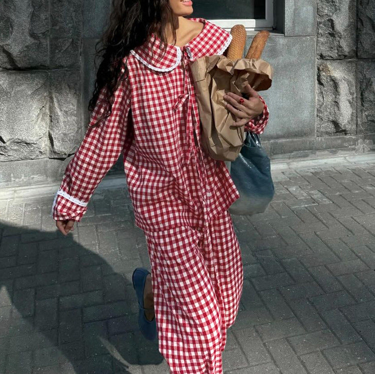 Ladies' Two-Pieces Set-Plaid Shirt with Wide Leg Pants