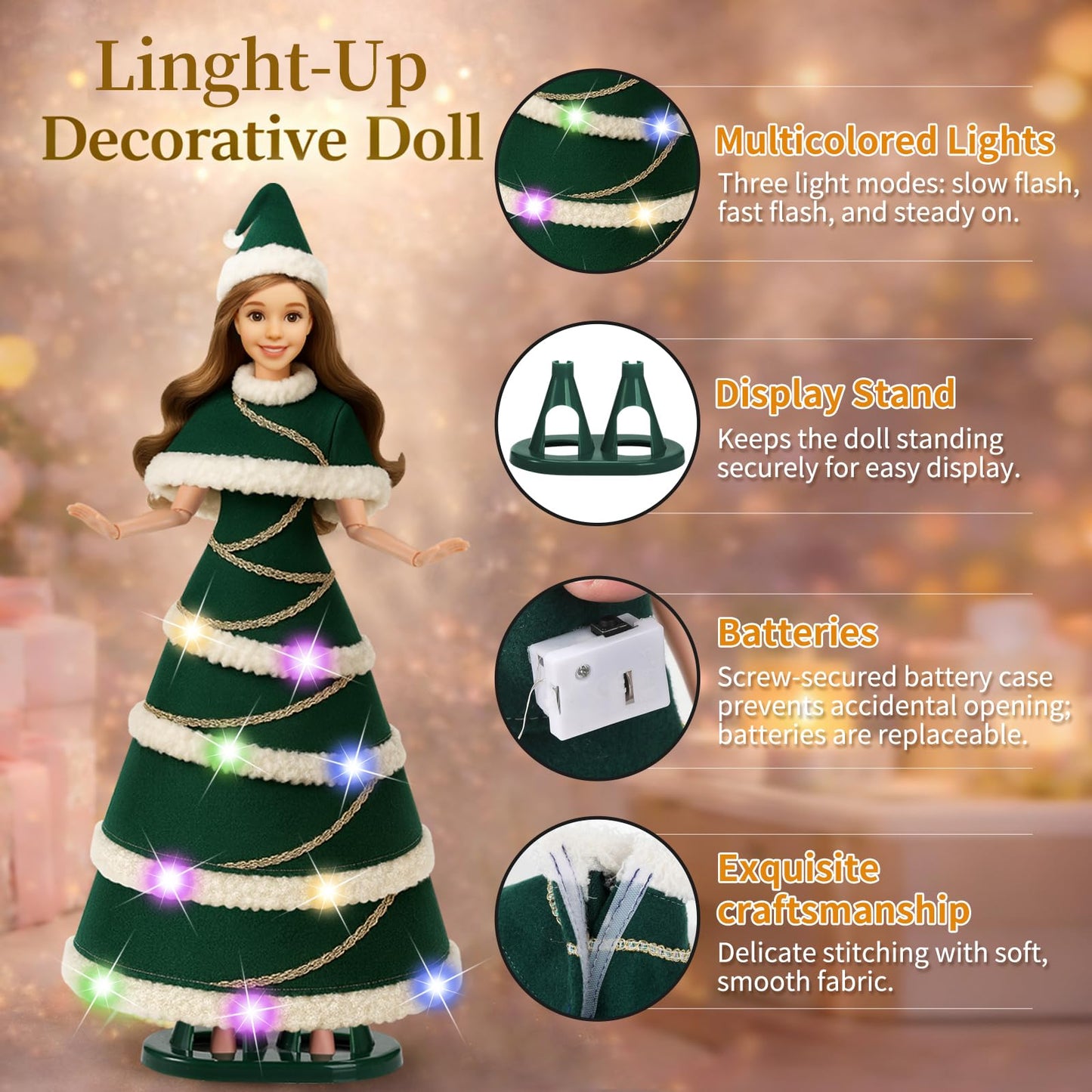 Lady Cat 11.5-Inch Light-Up Doll with LED Dress | 3 Lighting Modes & Display Stand