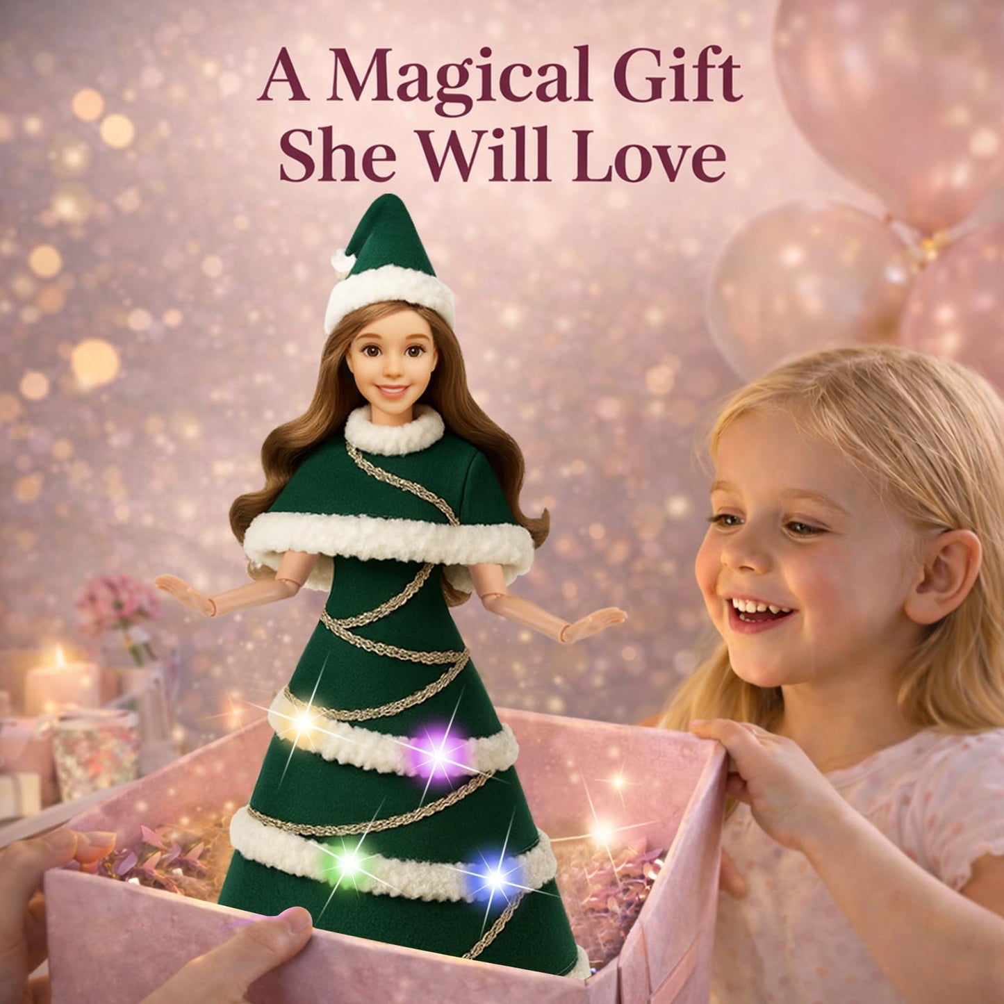 Lady Cat 11.5-Inch Light-Up Doll with LED Dress | 3 Lighting Modes & Display Stand