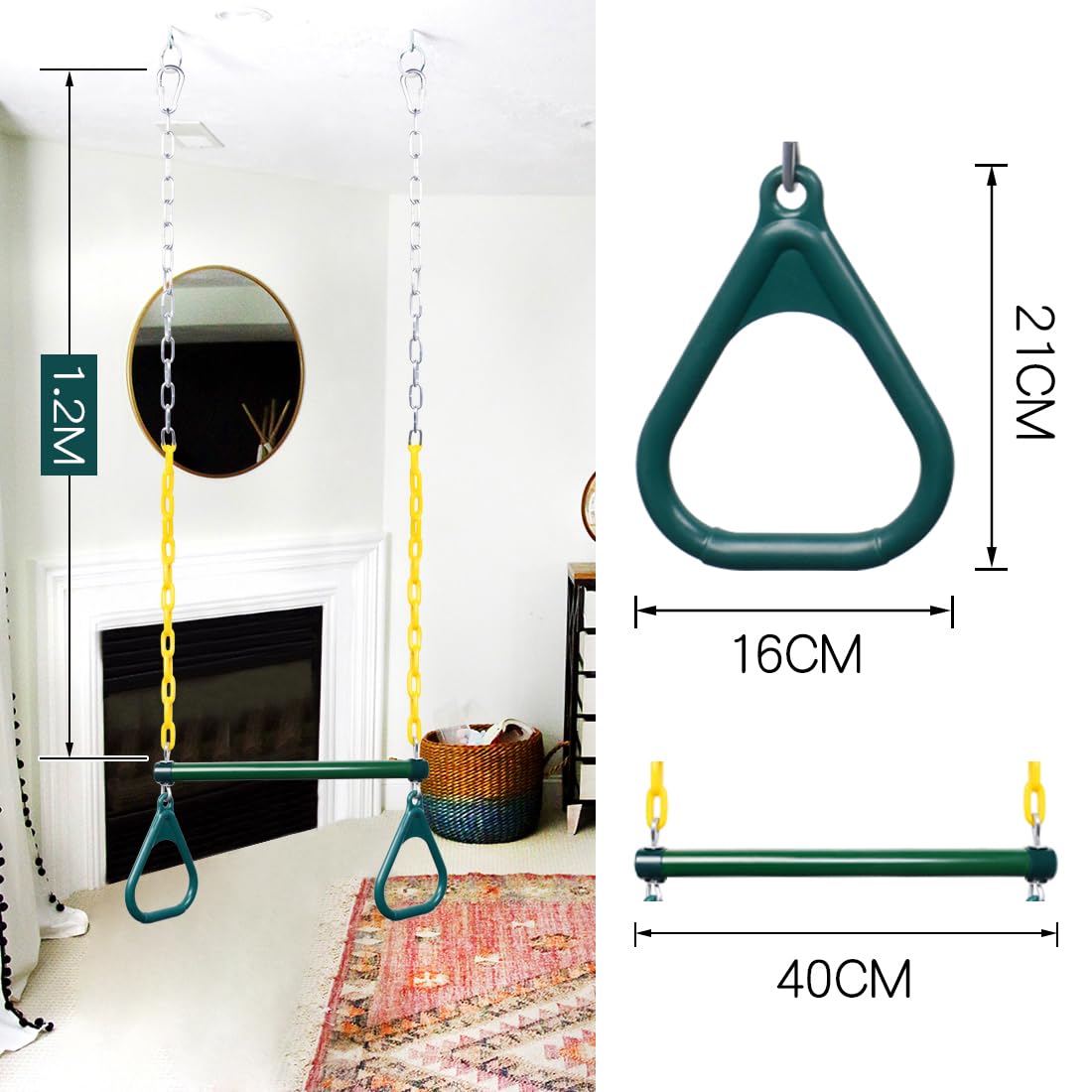 LadyRosian Gym Rings Trapeze Bar 16in - Heavy Duty Swing Set Accessory (110 kg / 240 lb Capacity)