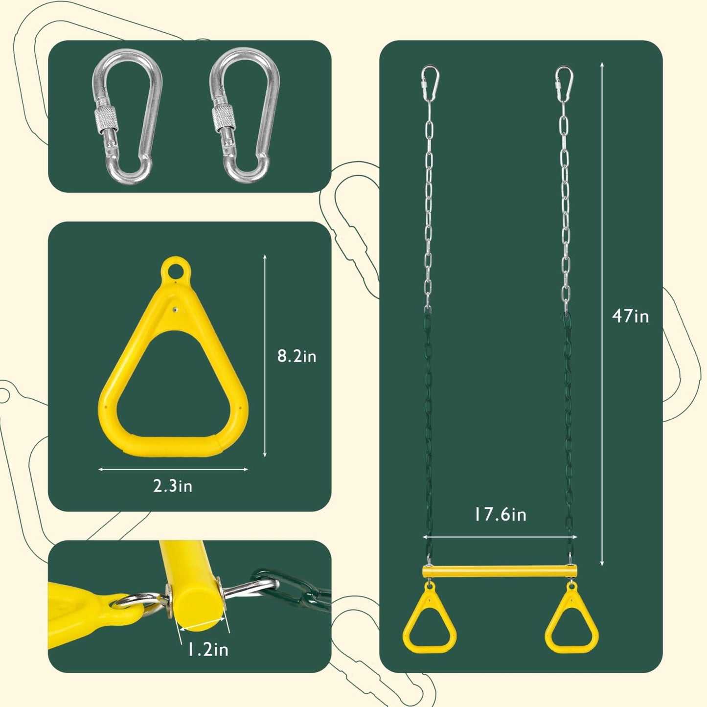 LadyRosian 17" Gym Trapeze Swing Bar with 47" Plastic-Coated Chains & Locking Carabiners – Heavy-Duty Backyard Playset Accessory