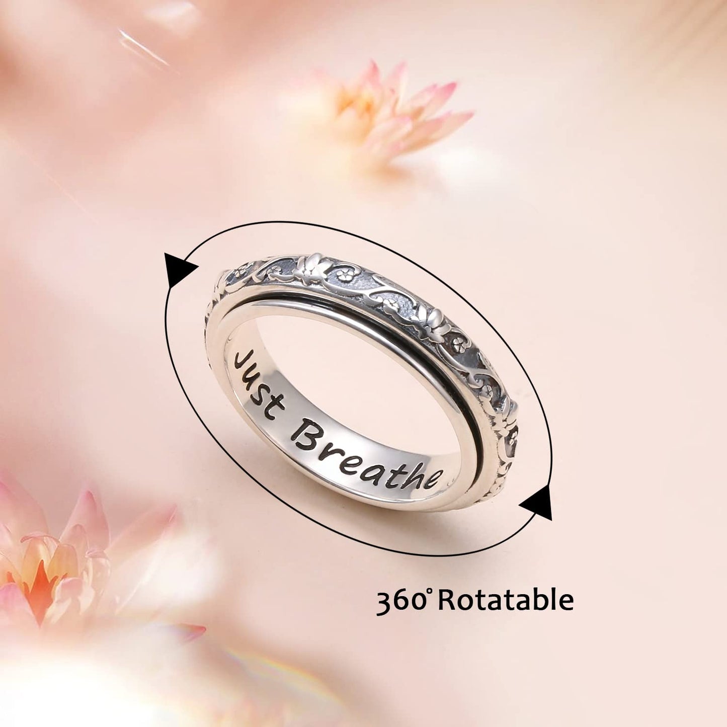 Ladytree Spinner Fidget Ring S925 Sterling Silver – Lotus Flower & Just Breathe, Size 10