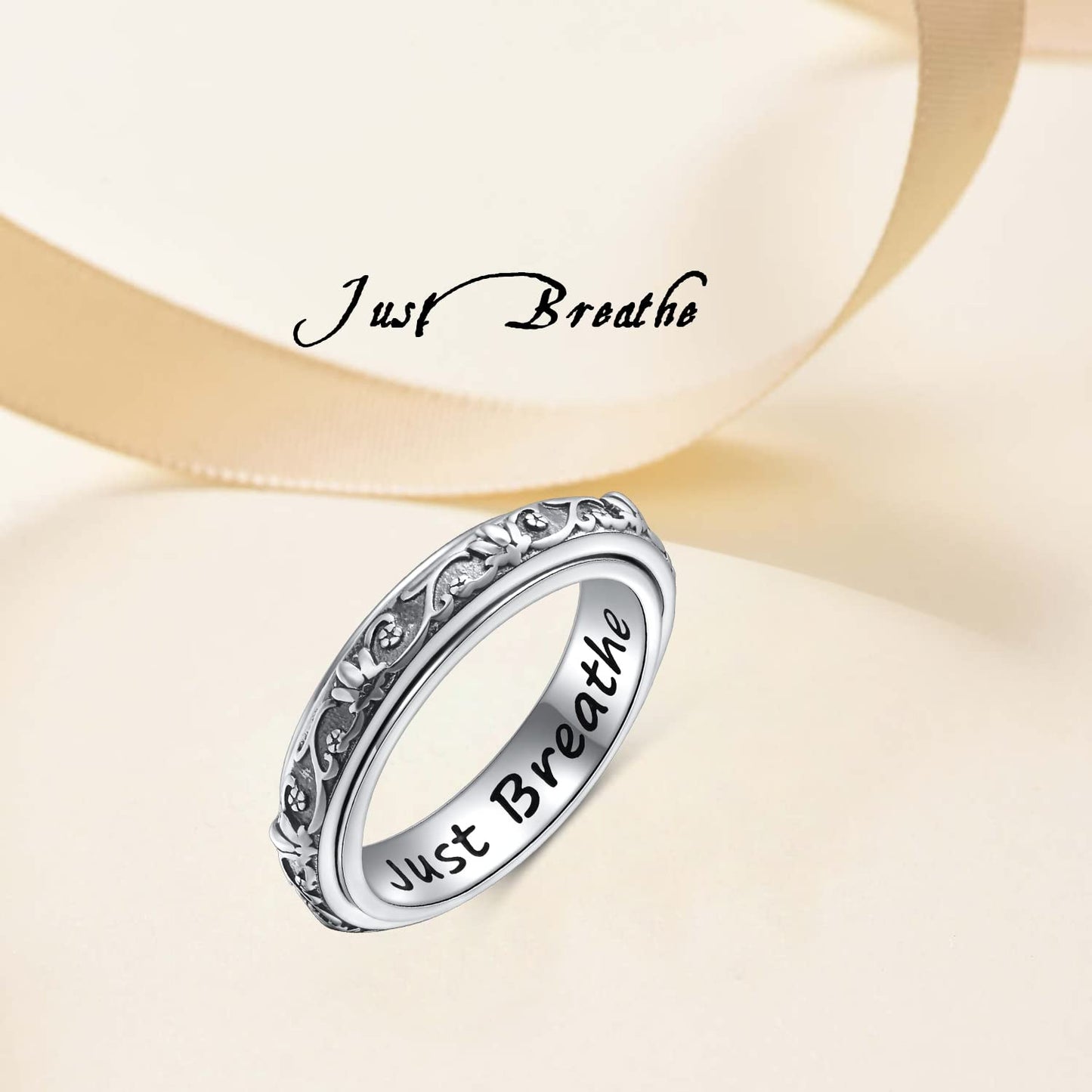 Ladytree Spinner Fidget Ring S925 Sterling Silver – Lotus Flower & Just Breathe, Size 10