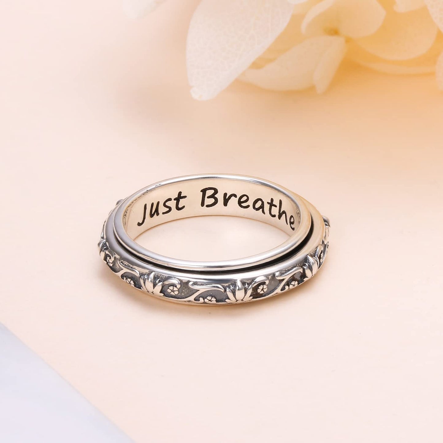 Ladytree Spinner Fidget Ring S925 Silver – Lotus Just Breathe Anxiety Band, Size 6