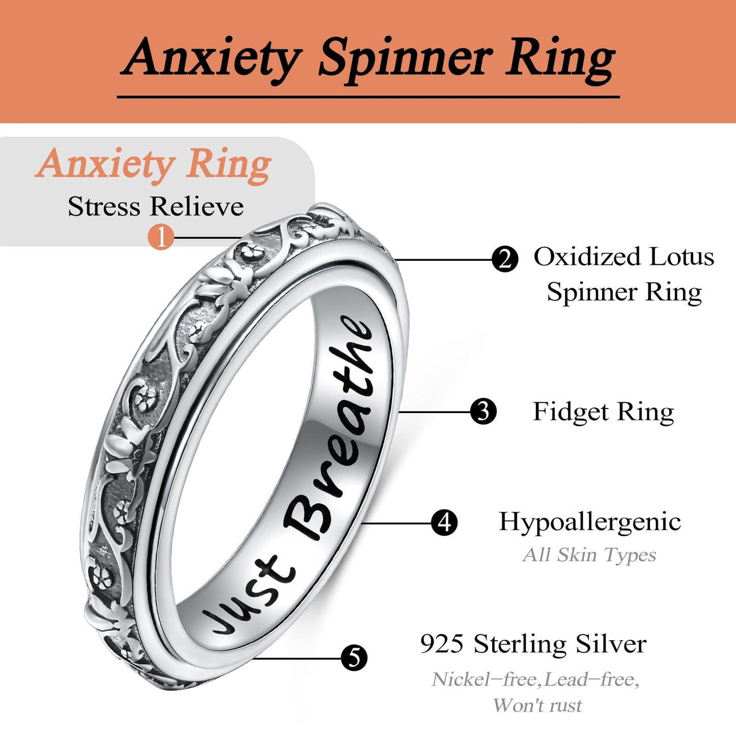 Ladytree Spinner Fidget Ring S925 Silver – Lotus Just Breathe Anxiety Band, Size 6