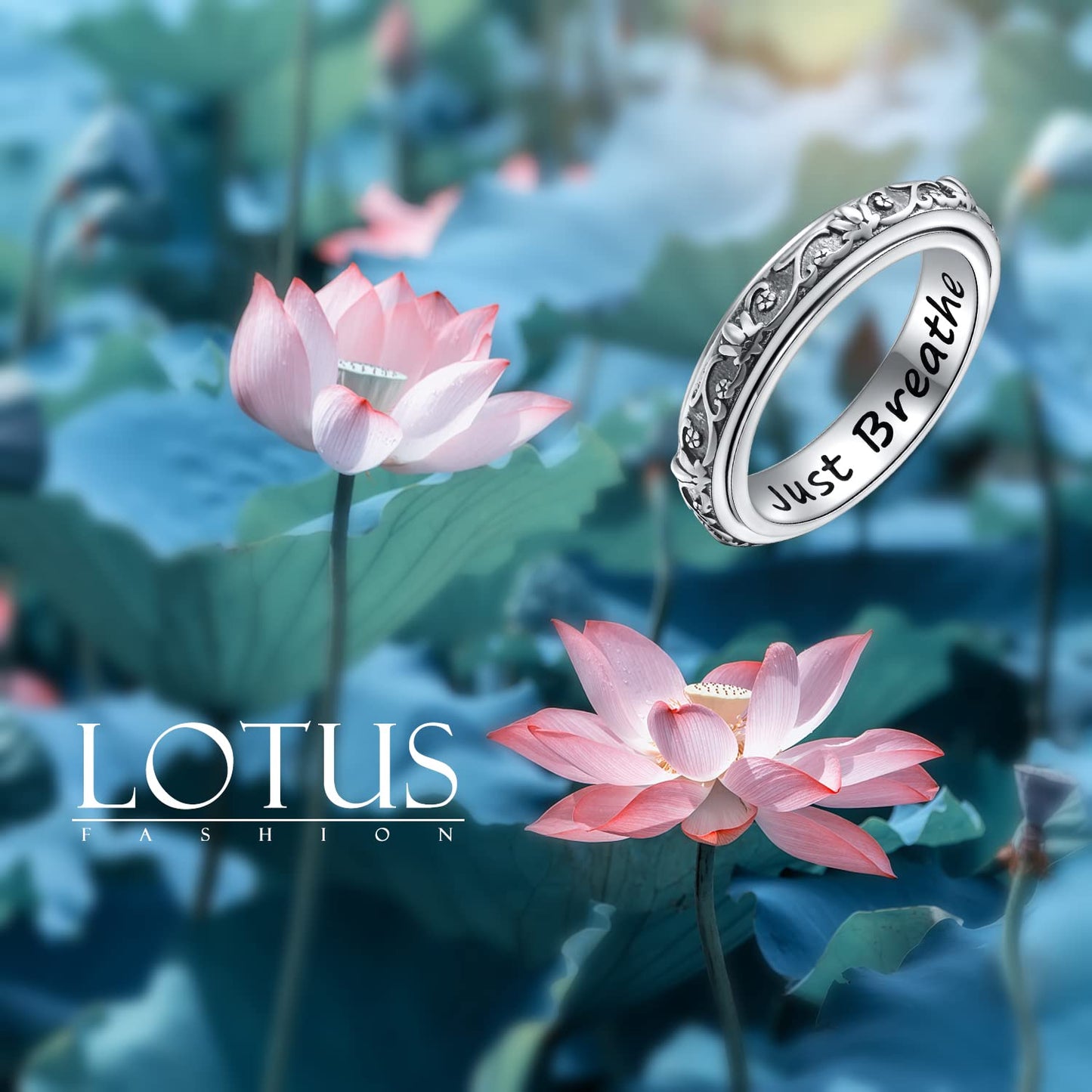 Ladytree Spinner Fidget Ring S925 Silver – Lotus Just Breathe Anxiety Band, Size 6