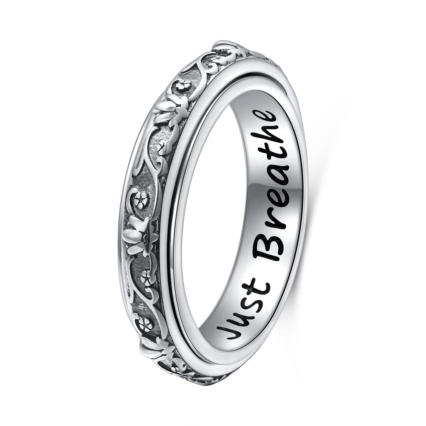 Ladytree Spinner Fidget Ring S925 Sterling Silver – Lotus Flower & Just Breathe, Size 10