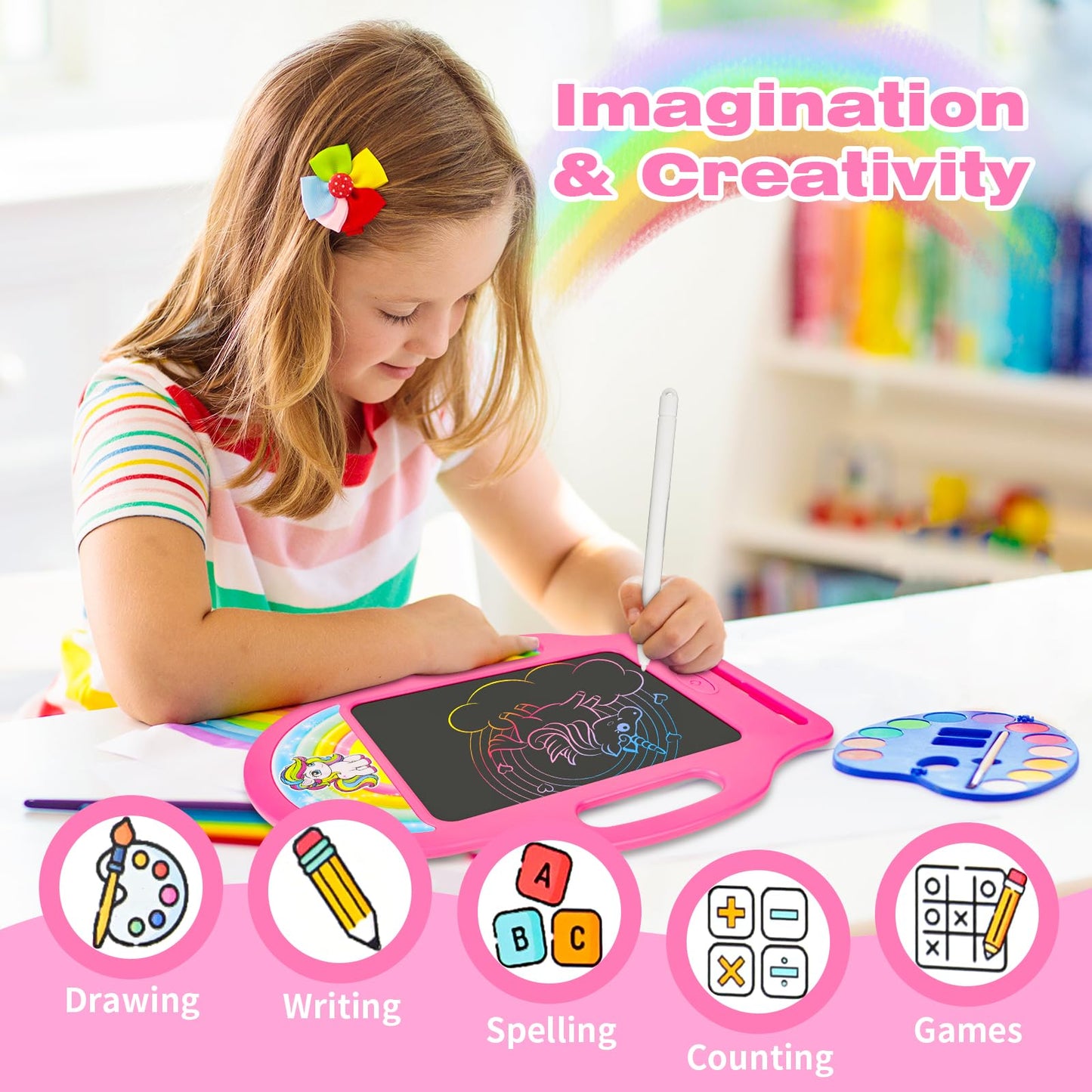 LAEBUILD 8.5-Inch Magic LCD Writing Tablet for Kids 2-7 – Unicorn Rainbow Doodle Board with Handle | Mess-Free Travel Toy