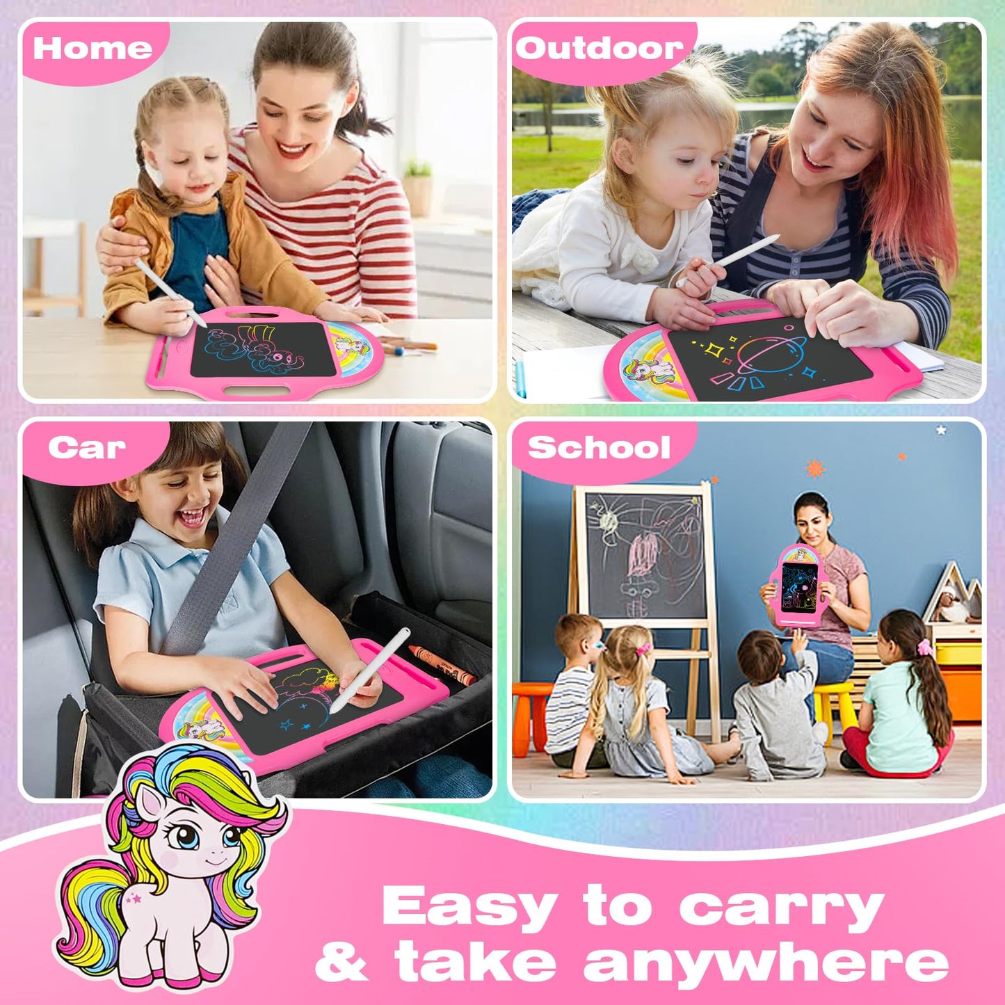 LAEBUILD 8.5-Inch Magic LCD Writing Tablet for Kids 2-7 – Unicorn Rainbow Doodle Board with Handle | Mess-Free Travel Toy