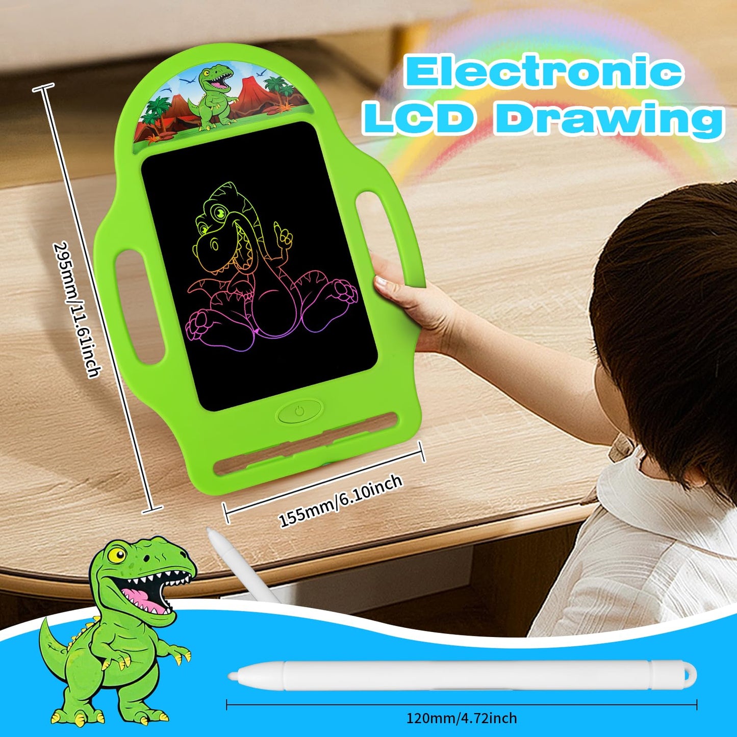 LAEBUILD LCD Writing Tablet for Kids – 8.5-Inch Dinosaur Pad with Stylus & Eraser | Green