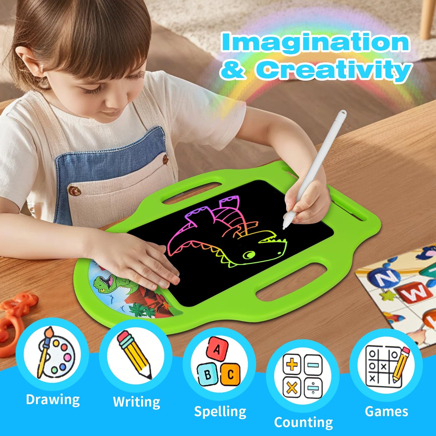 LAEBUILD LCD Writing Tablet for Kids – 8.5-Inch Dinosaur Pad with Stylus & Eraser | Green