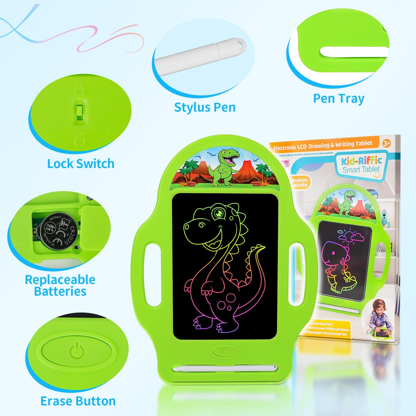 LAEBUILD LCD Writing Tablet for Kids – 8.5-Inch Dinosaur Pad with Stylus & Eraser | Green