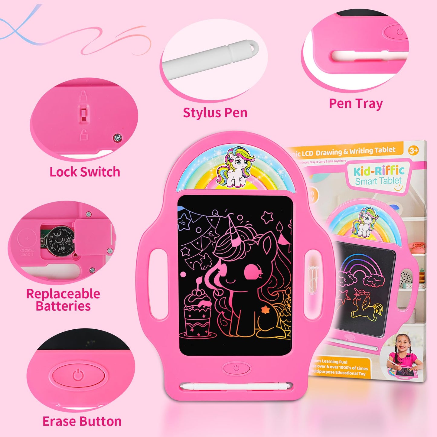 LAEBUILD 8.5-Inch Magic LCD Writing Tablet for Kids 2-7 – Unicorn Rainbow Doodle Board with Handle | Mess-Free Travel Toy
