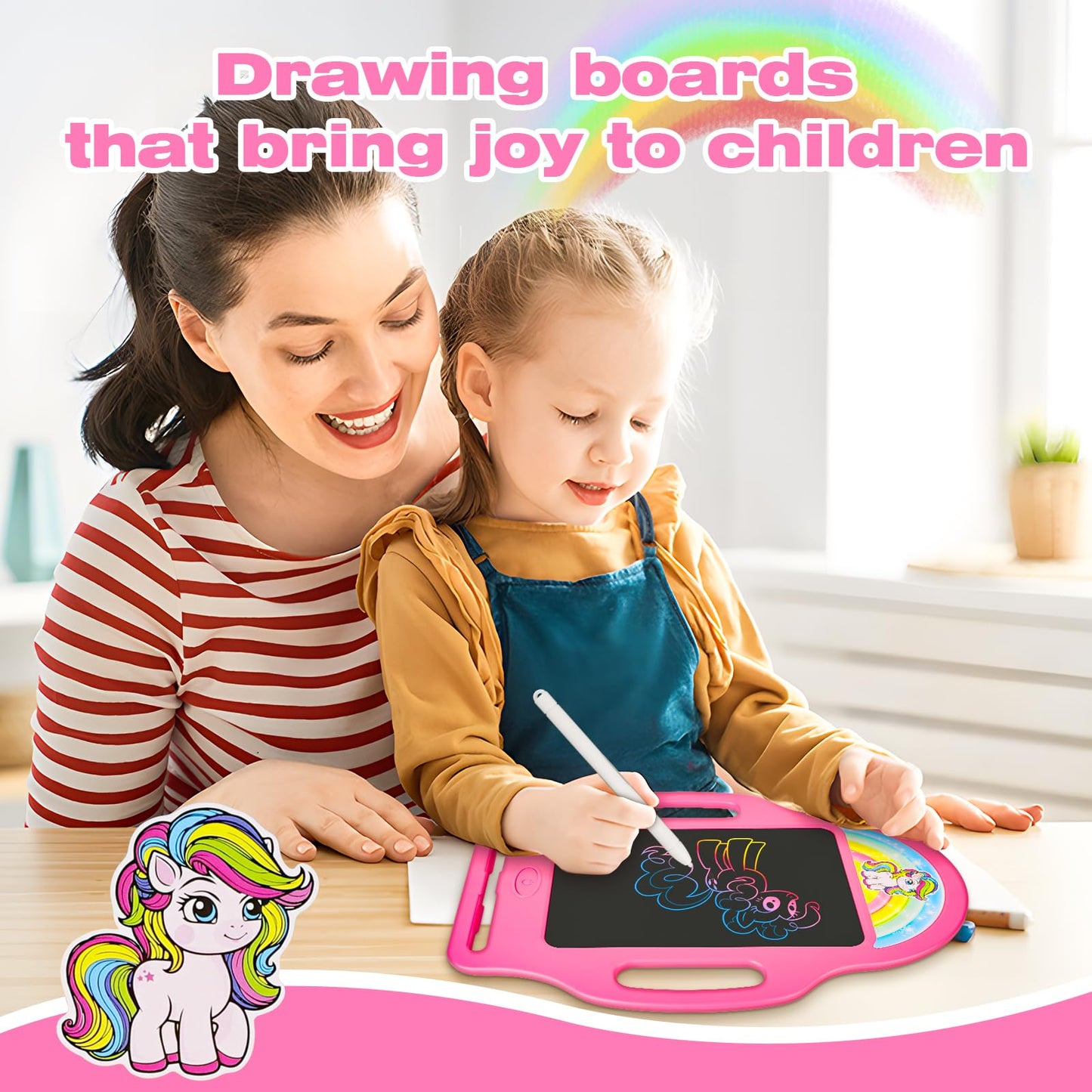 LAEBUILD 8.5-Inch Magic LCD Writing Tablet for Kids 2-7 – Unicorn Rainbow Doodle Board with Handle | Mess-Free Travel Toy