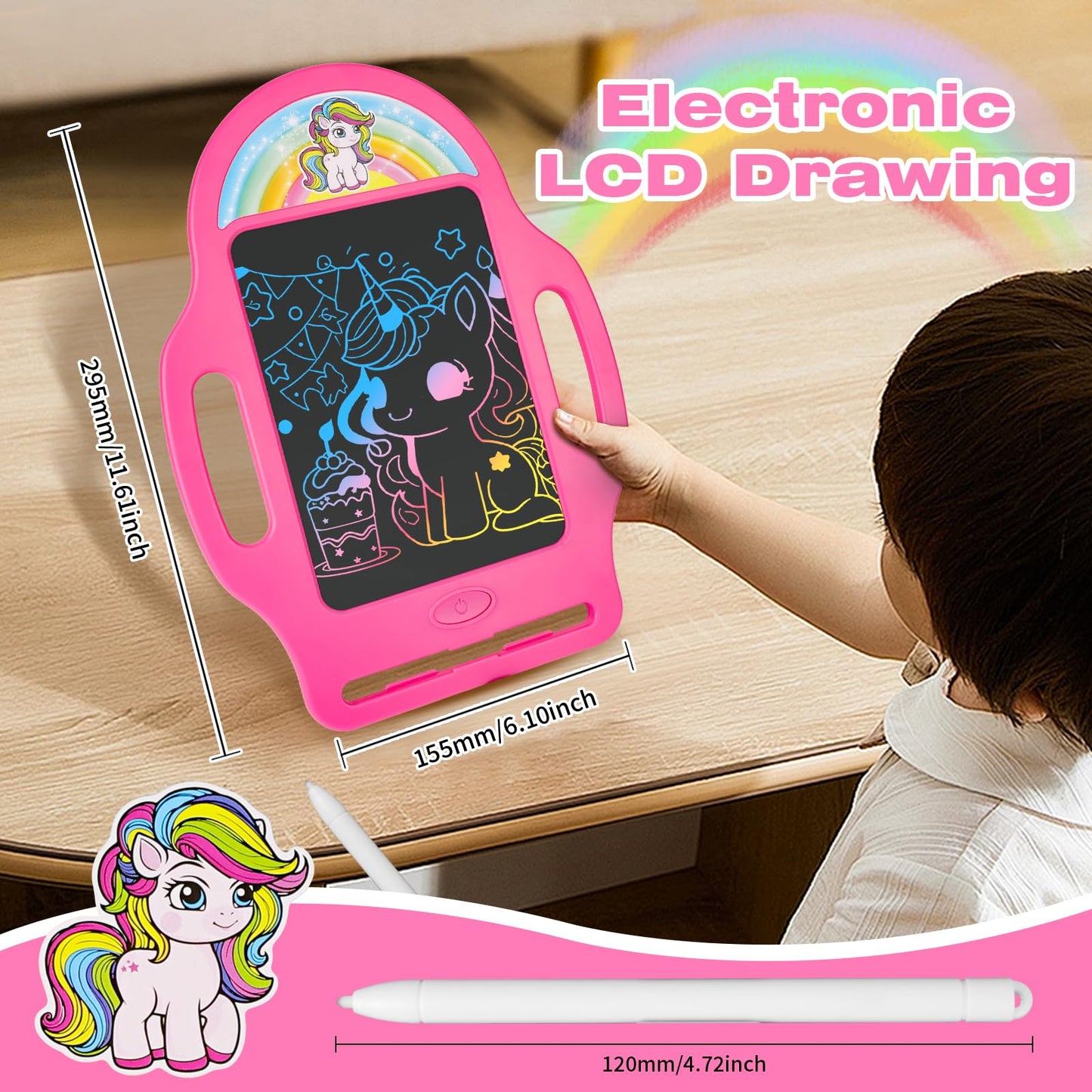 LAEBUILD 8.5-Inch Magic LCD Writing Tablet for Kids 2-7 – Unicorn Rainbow Doodle Board with Handle | Mess-Free Travel Toy
