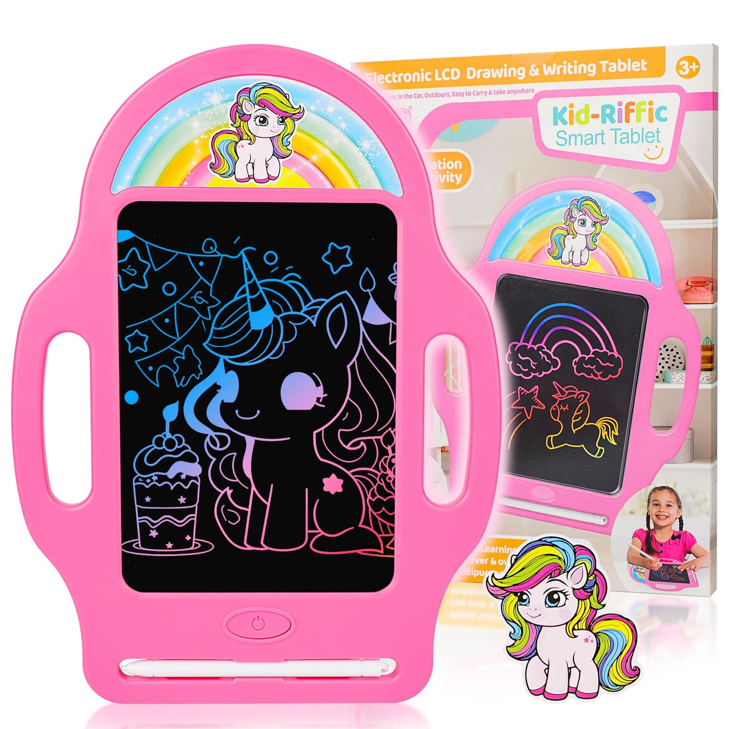 LAEBUILD 8.5-Inch Magic LCD Writing Tablet for Kids 2-7 – Unicorn Rainbow Doodle Board with Handle | Mess-Free Travel Toy