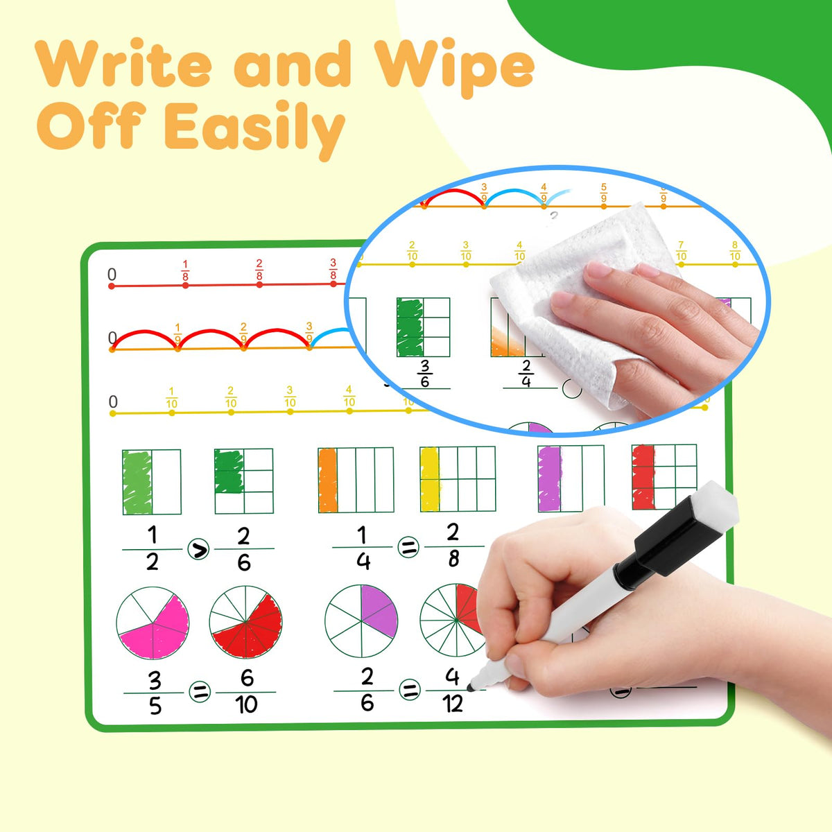 Laffunz 12 PCS Fraction Manipulatives Dry Erase Flash Cards | Visual Fraction Circles & Math Games for Grades 1–6