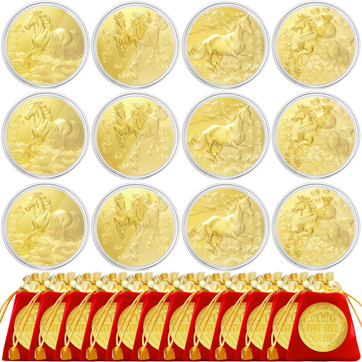 LAIAMER 12-Set Chinese Horse Coin 2026 – Year of the Horse with Red Drawstring Bags & Protective Case