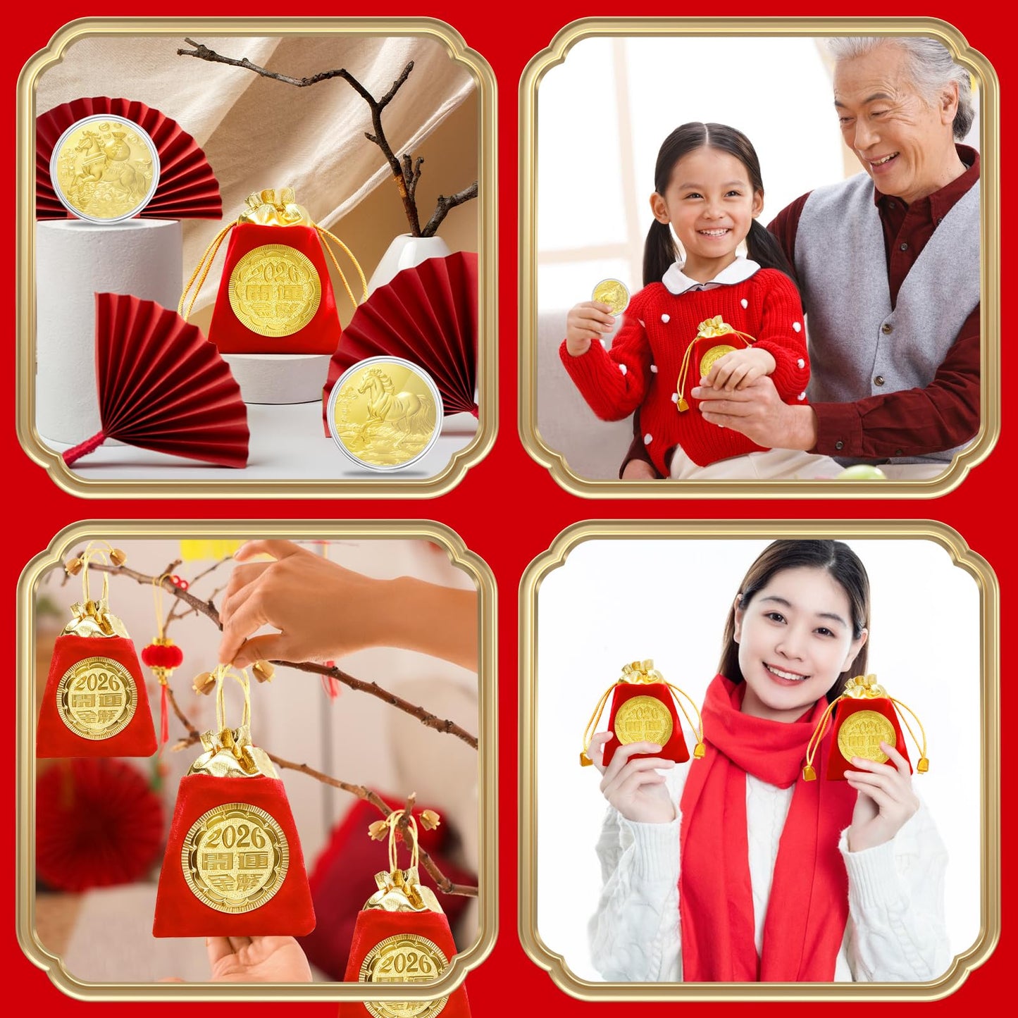 LAIAMER 12-Set Chinese Horse Coin 2026 – Year of the Horse with Red Drawstring Bags & Protective Case