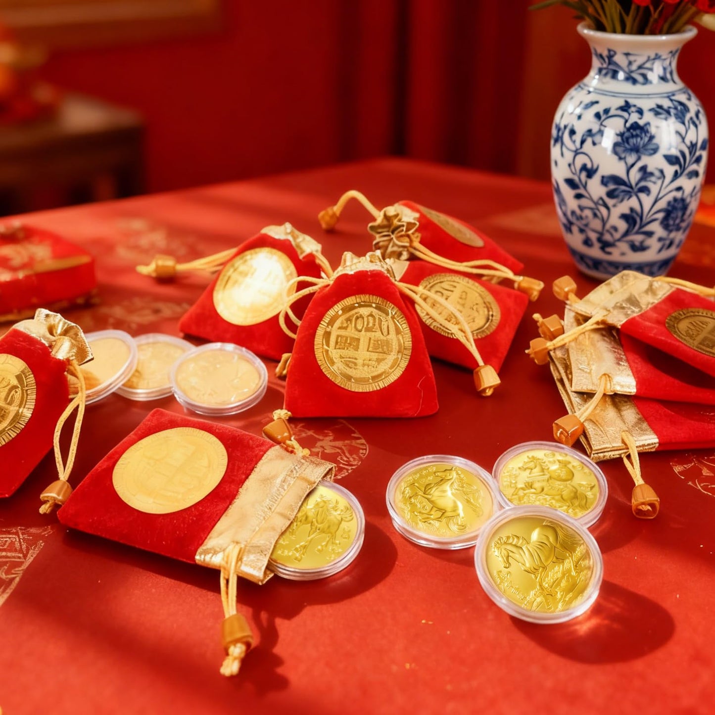 LAIAMER 12-Set Chinese Horse Coin 2026 – Year of the Horse with Red Drawstring Bags & Protective Case