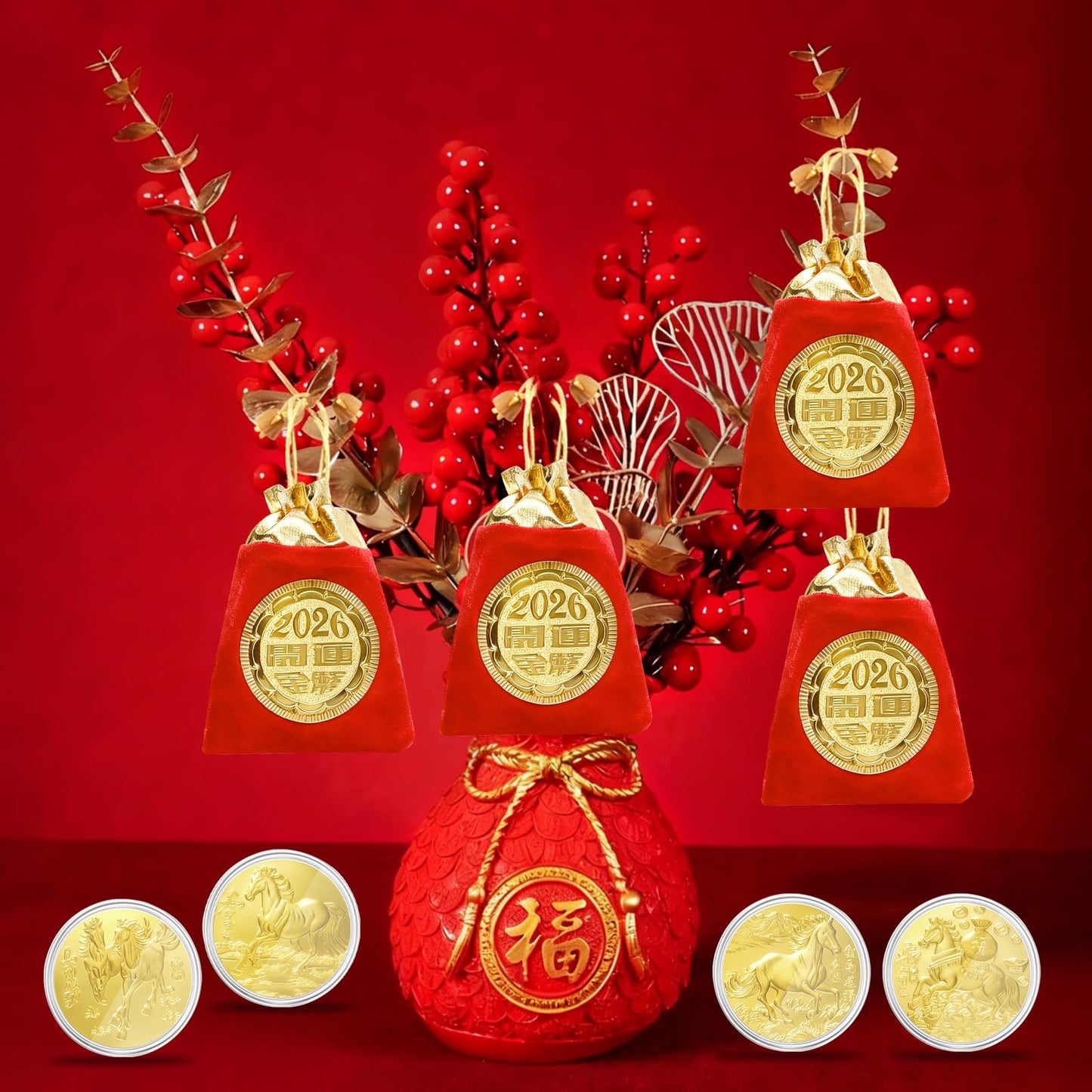 LAIAMER 12-Set Chinese Horse Coin 2026 – Year of the Horse with Red Drawstring Bags & Protective Case