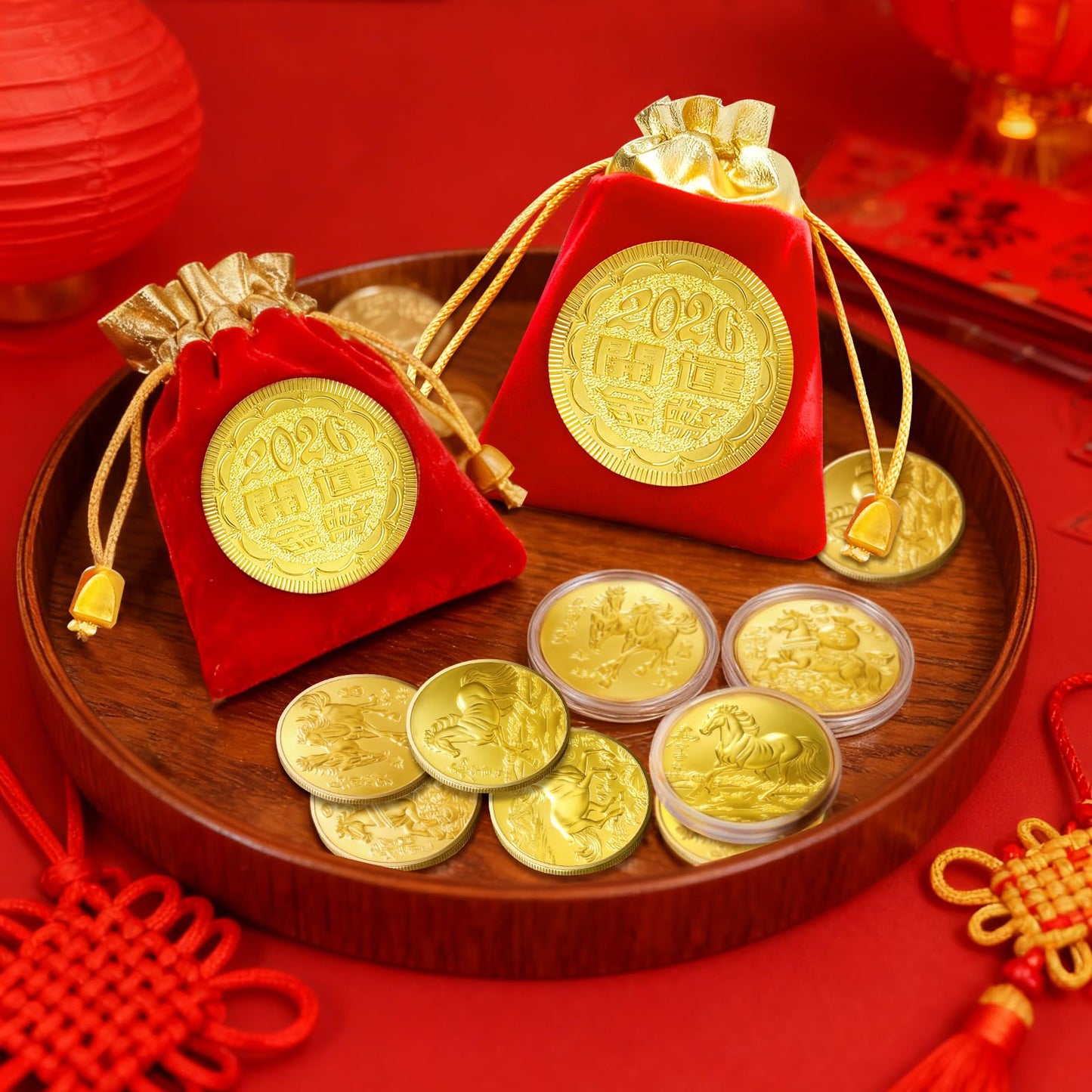 LAIAMER 12-Set Chinese Horse Coin 2026 – Year of the Horse with Red Drawstring Bags & Protective Case