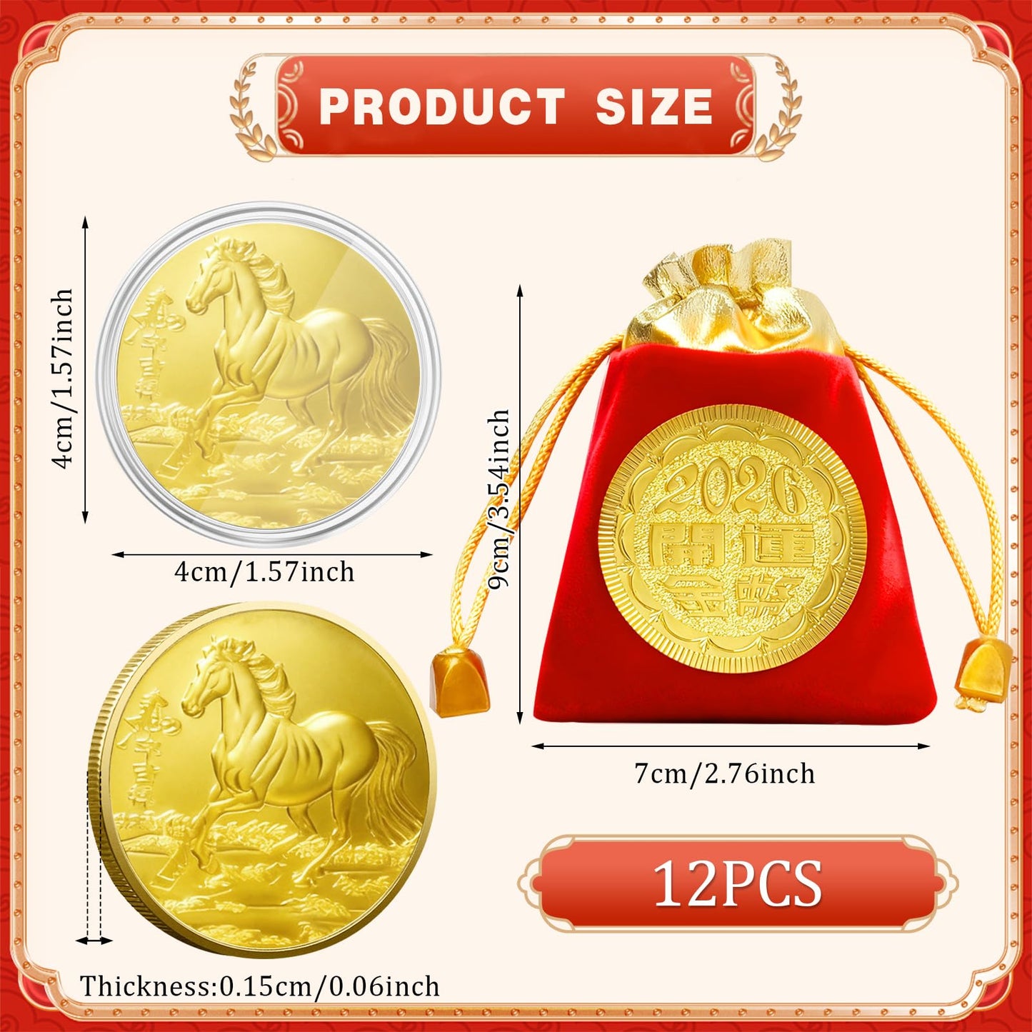 LAIAMER 12-Set Chinese Horse Coin 2026 – Year of the Horse with Red Drawstring Bags & Protective Case