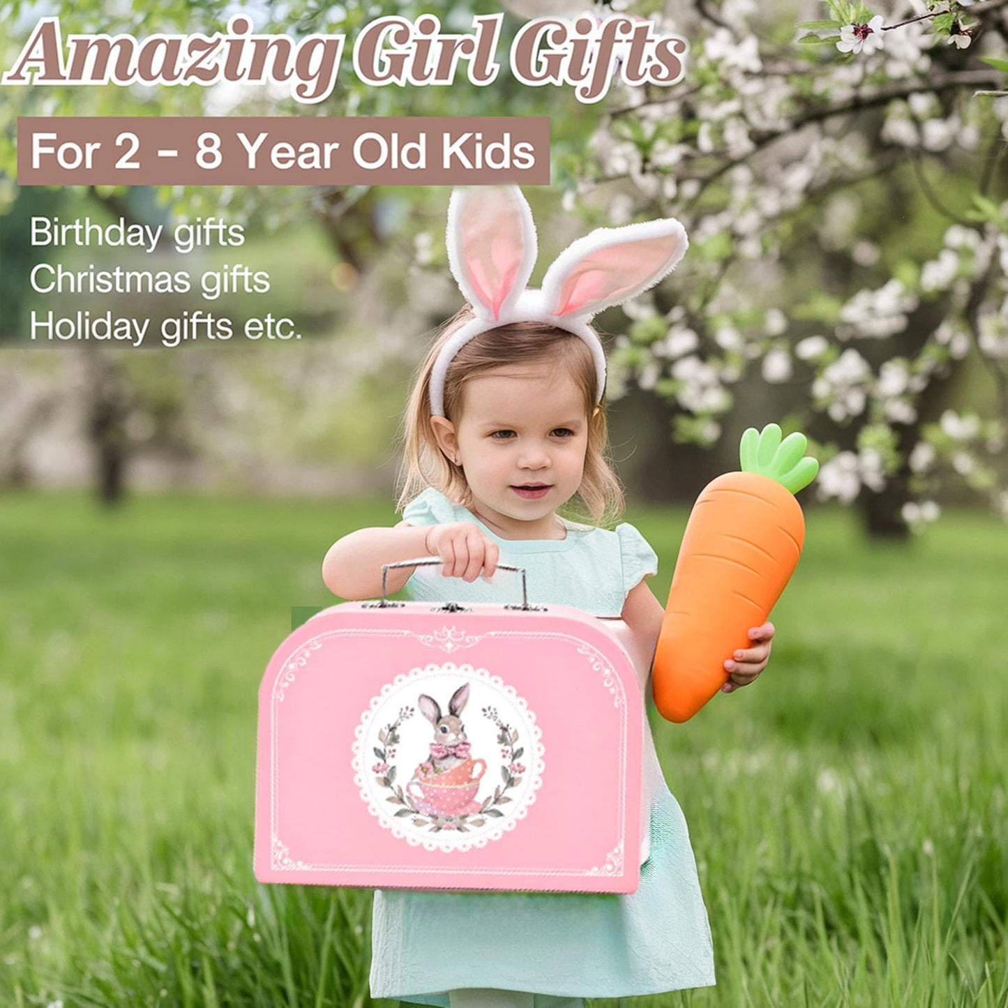 Lajeje Kids Tea Party Set – Bunny Kitchen Toy for Girls 3-8 | Teapot, Cups & Case