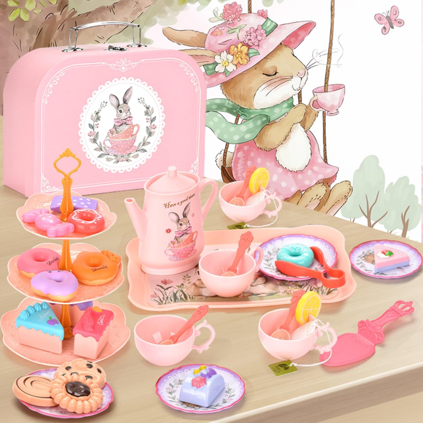 Lajeje Kids Tea Party Set – Bunny Kitchen Toy for Girls 3-8 | Teapot, Cups & Case